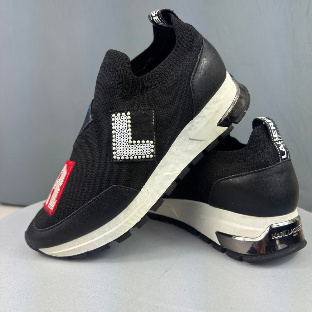 Karl Lagerfeld Paris Meadow Sneakers Womens 7 Black Slip On Sock Sequin Patches